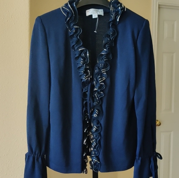 St. John Evening Navy Blue Embellished Ruffled Long Sleeve Knit Cardigan Sz 6 - Picture 9 of 11